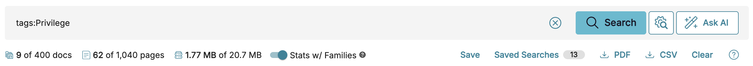 Search interface displaying document statistics and tags related to privilege.